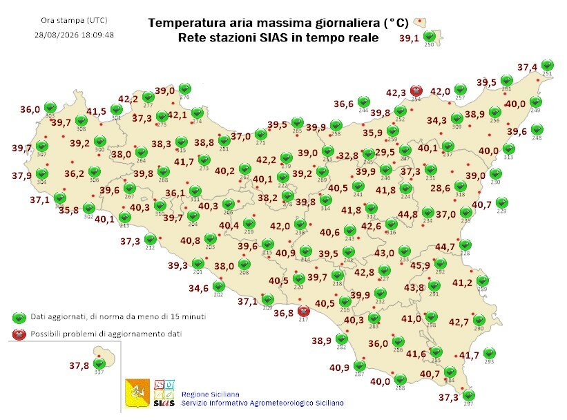 Sicilia infernale: 46 gradi a Lentini, quasi 45 a Catania
