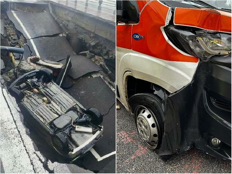 Auto inghiottita da voragine, onda anomala travolge ambulanza