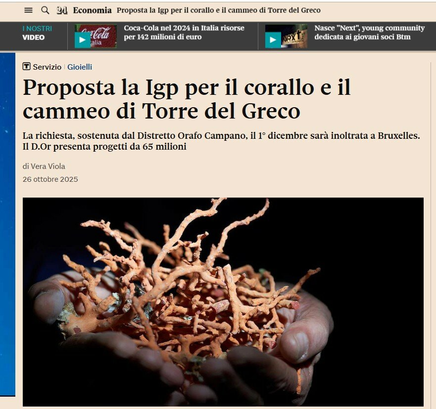 Il Sole 24 Ore parla del progetto IGP per il Corallo e il Cammeo di Torre del Greco Il Sole 24 Ore parla del progetto IGP per il Corallo e il Cammeo di Torre del Greco