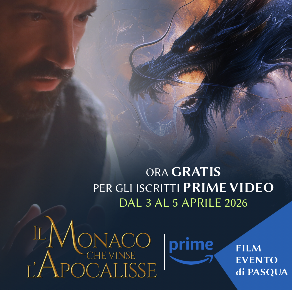 Da oggi al 5 aprile su Prime Video arriva gratuitamente “Il Monaco che vinse l’Apocalisse” come film evento di Pasqua 2026
