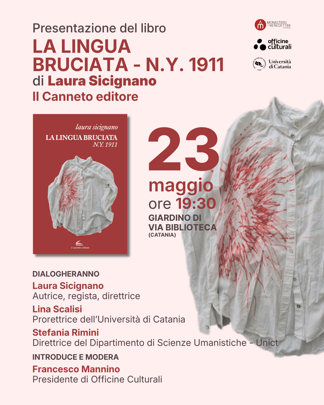 Laura Sicignano presenta “La lingua bruciata, N.Y. 1911” | 23 maggio 2026 | Monastero dei Benedettini