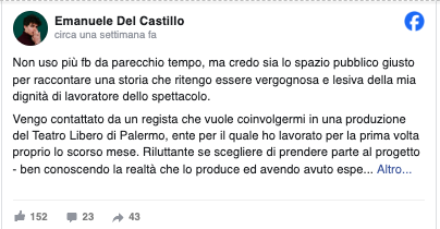 Teatro Libero di Palermo, attore denuncia: &laquo;Escluso dal progetto per aver chiesto chiarimenti sul contratto&raquo;