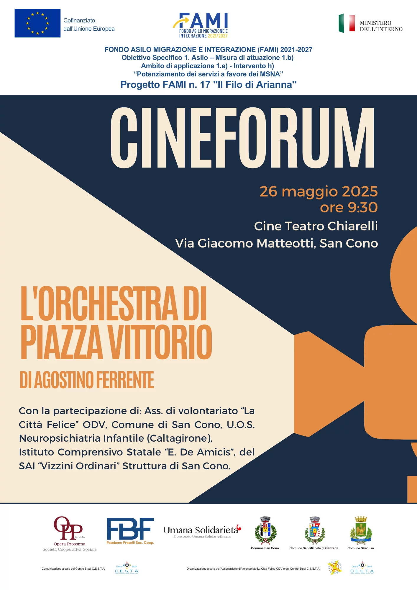 San Cono, cineforum su integrazione e musica con “L’Orchestra di Piazza Vittorio” – Progetto FAMI “Il Filo di Arianna”