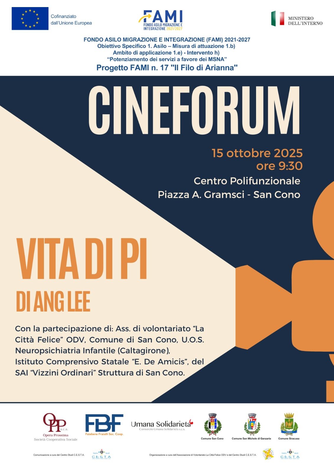 San Cono: il 15 ottobre il cineforum &ldquo;Vita di Pi&rdquo; per il progetto FAMI &ldquo;Il Filo di Arianna&rdquo;