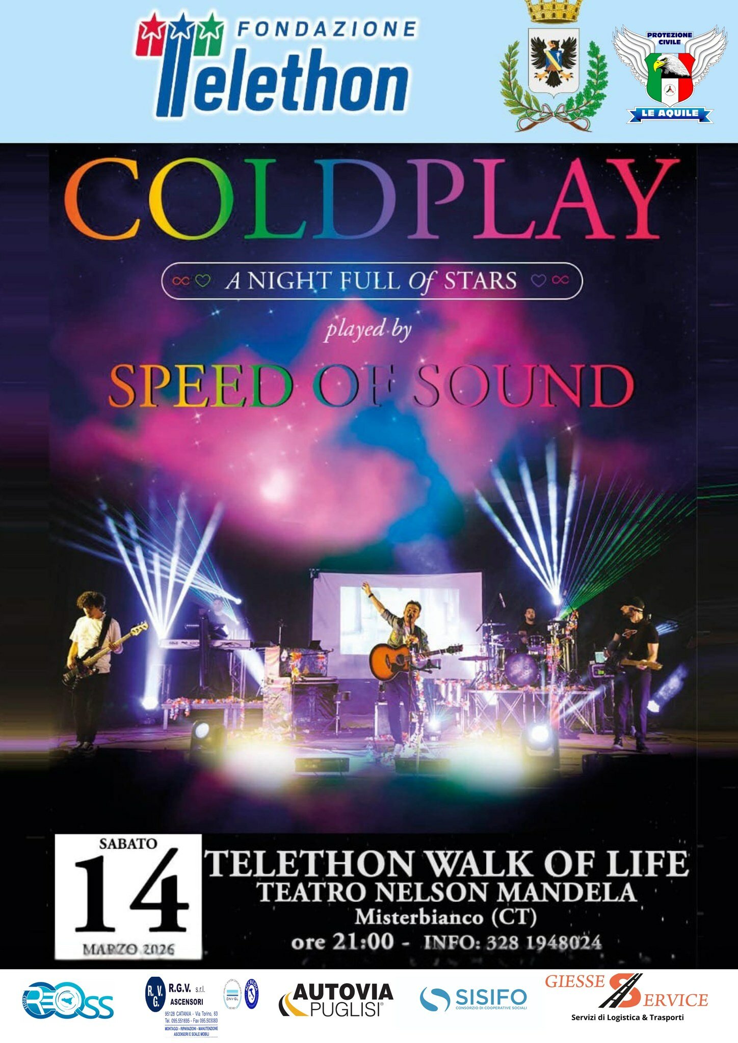 Telethon, questa sera a Misterbianco il concerto solidale &ldquo;Walk of Life&rdquo;: sul palco l&rsquo;omaggio ai Coldplay con gli Speed Of Sound