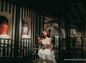 Newlywed couple in elegant setting embracing during a Sicily wedding