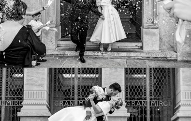 Luxury wedding in Sicily, bride and groom celebrating amid confetti