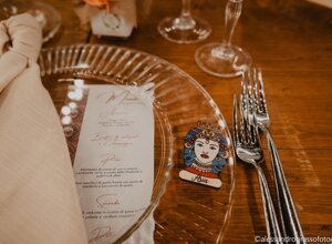 Elegant wedding table setting with menu and ceramic name card, Sicily weddings