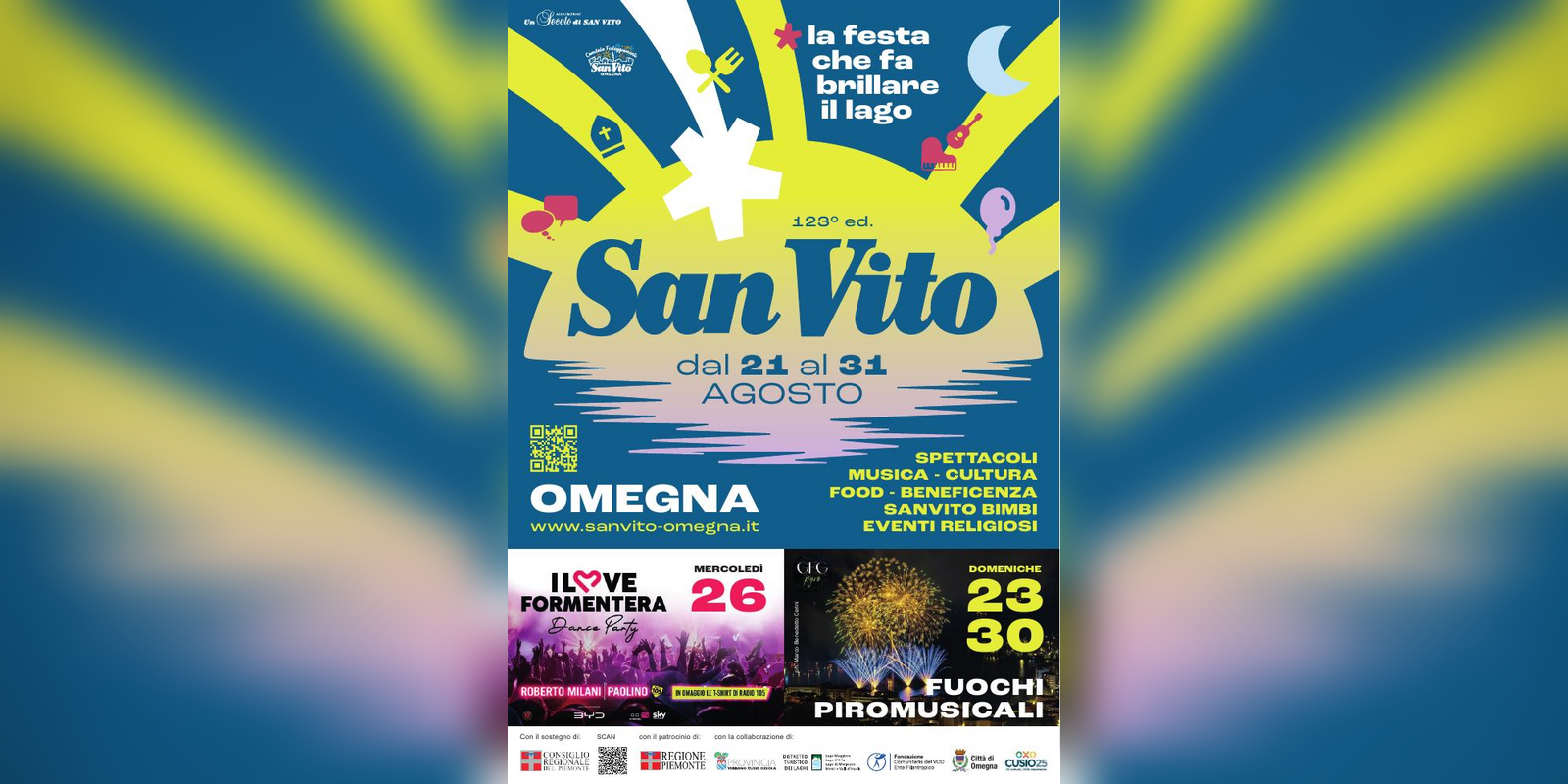Locandina della Festa di San Vito a Omegna con spettacoli e fuochi piromusicali