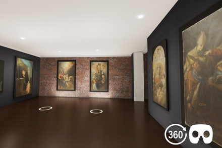 Tour virtuale della galleria d'arte sacra con pitture su pareti in mattoni