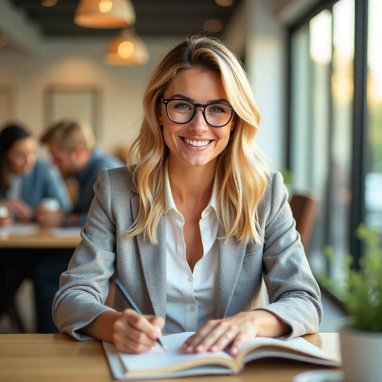 a cute blonde business woman with glasses thta studies in an office a cute blonde business woman with glasses thta studies in an office