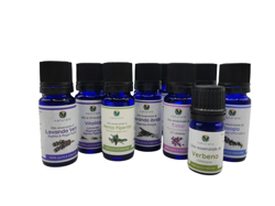 Bottiglie di oli essenziali naturali su sfondo bianco