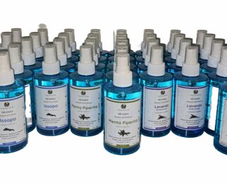 Bottiglie di acque aromatiche artigianali di issopo, menta piperita e lavanda