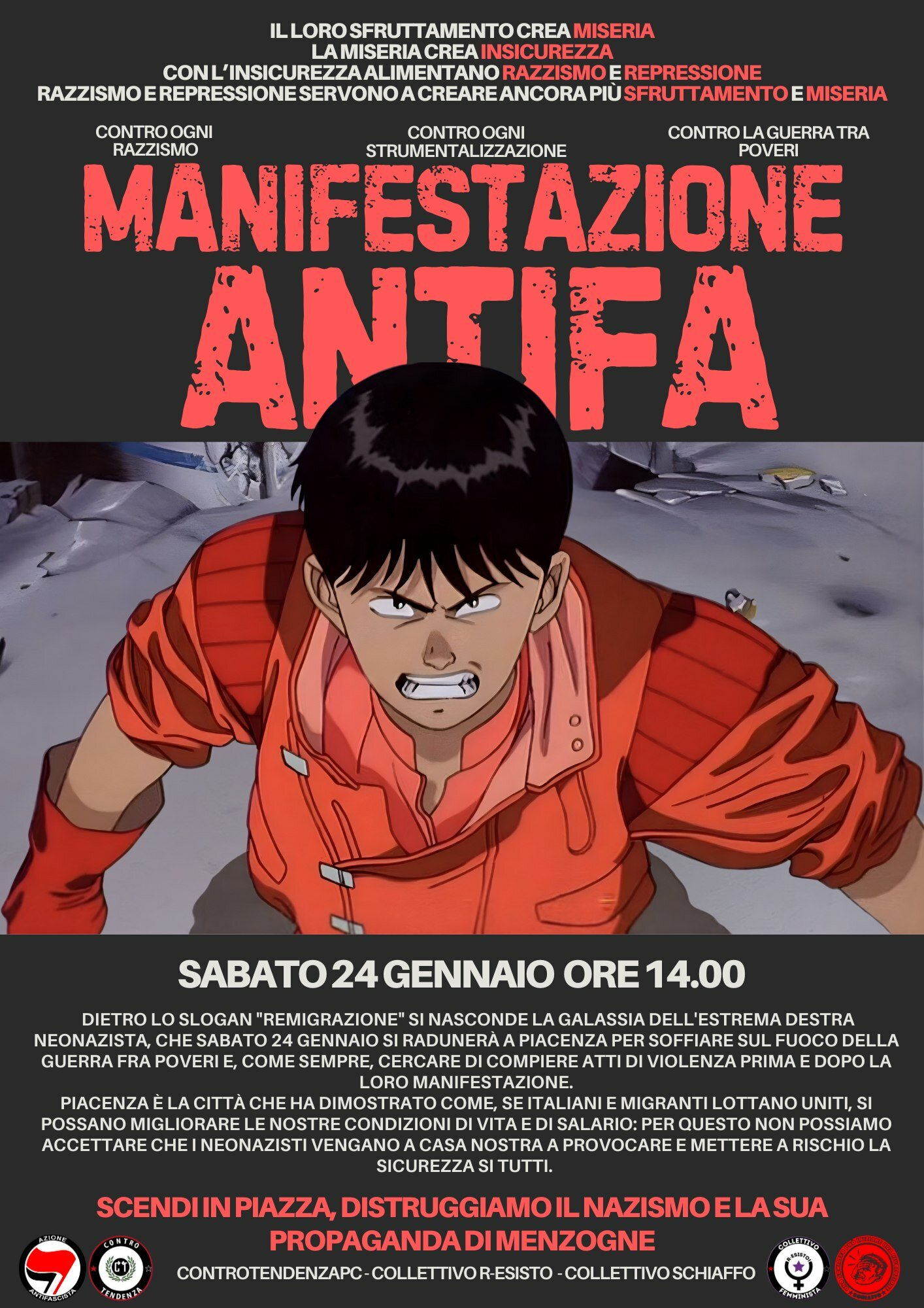 Sabato 24 gennaio a Piacenza massima mobilitazione contro i fascisti e i razzisti.