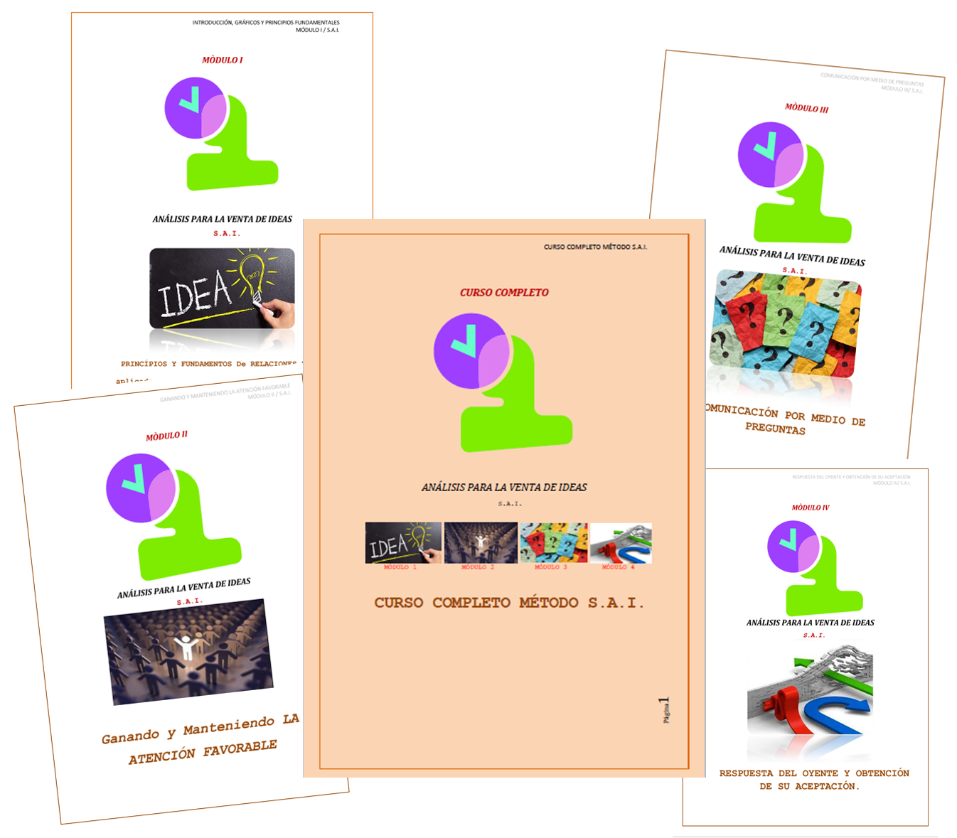 colage de los manuales que componen el curso de venta de ideas SAI