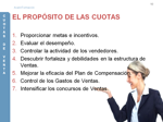 diapositiva en la que se exponen los siete puntos del propósito de las cuotas de venta.