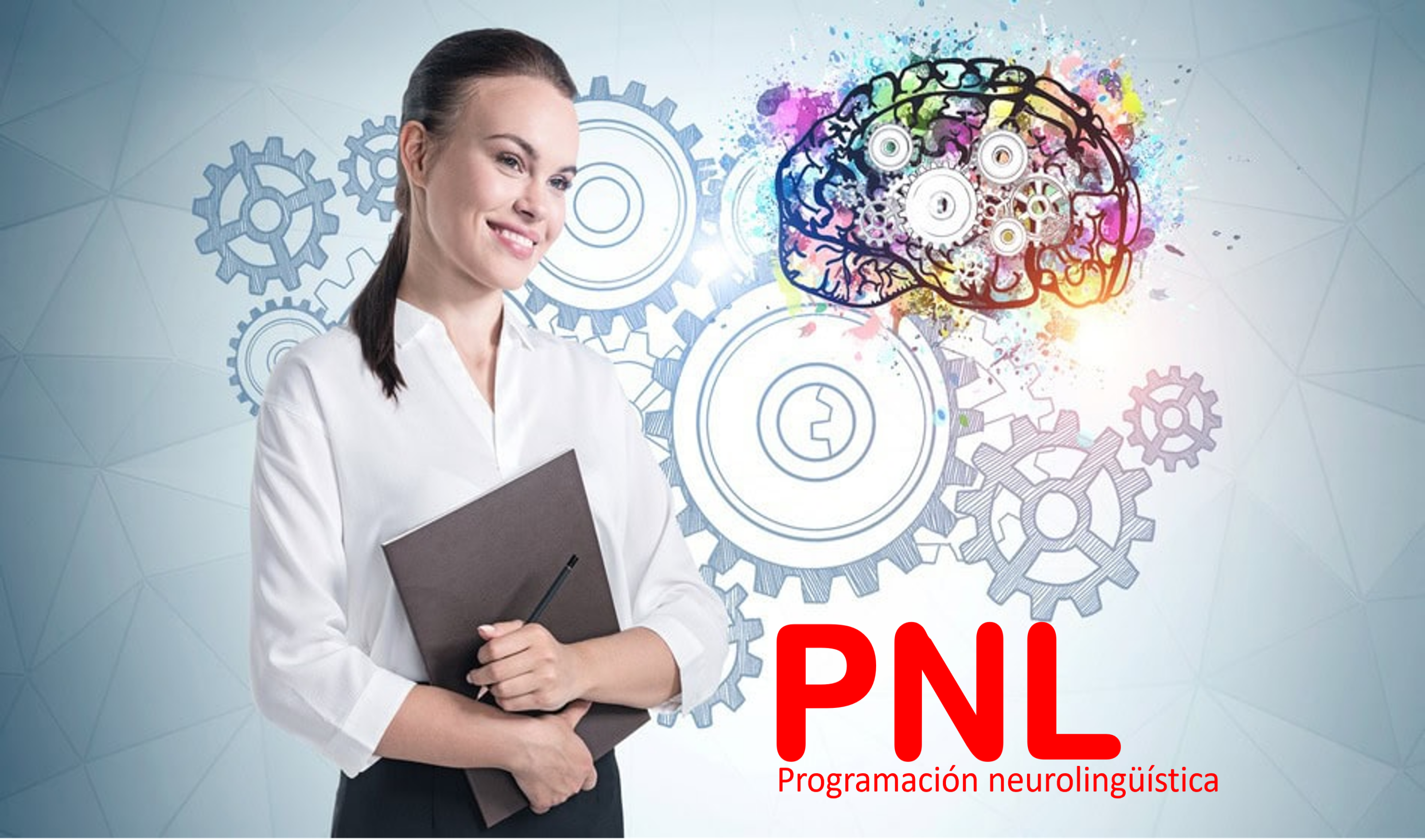 Programación Neurolingüística mujer sonriendo con ruedas dentadas y cerebro detras de ella - PNL