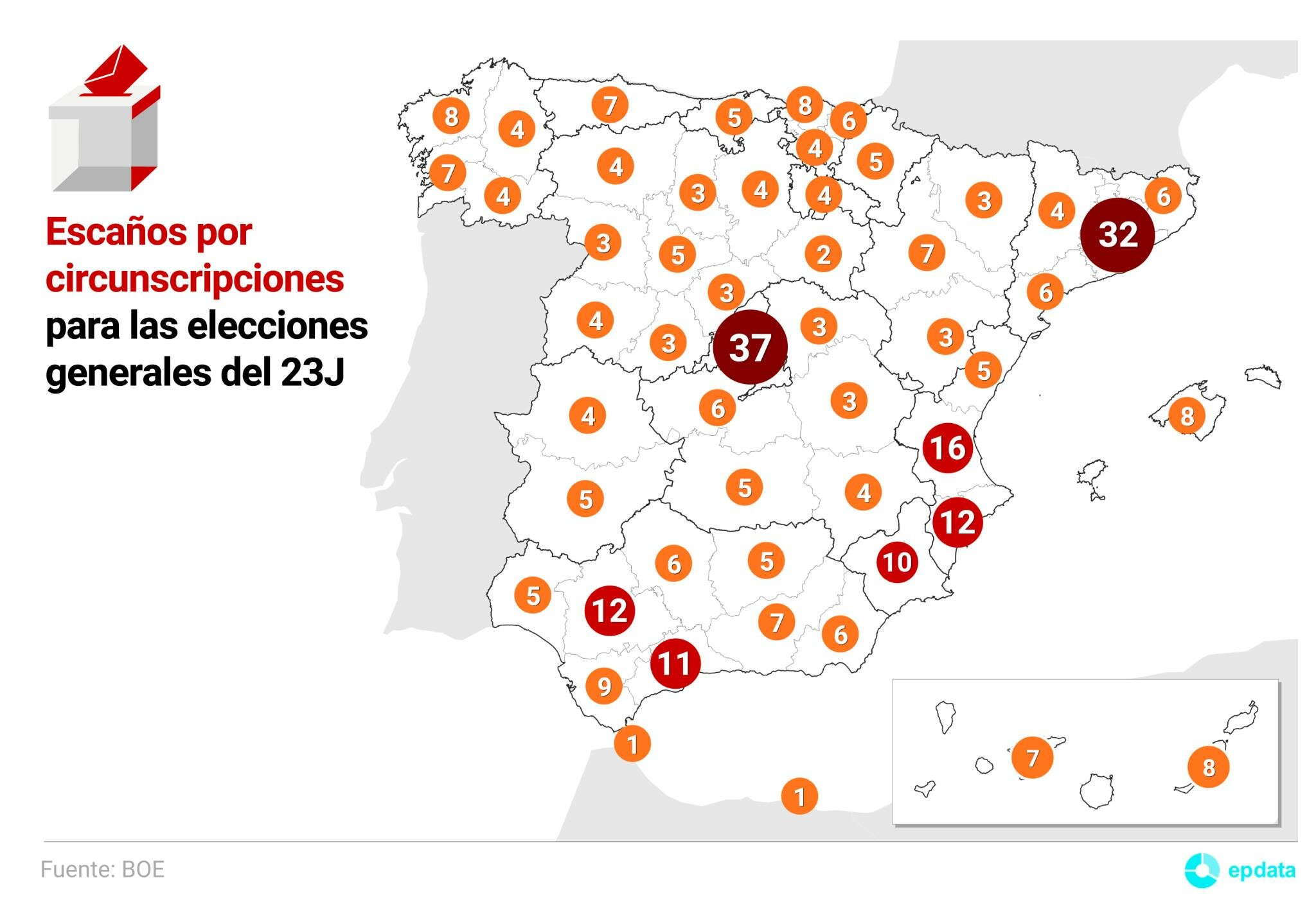 mapa de españa de provincias o circunscripciones electorales y los escaños correspondientes