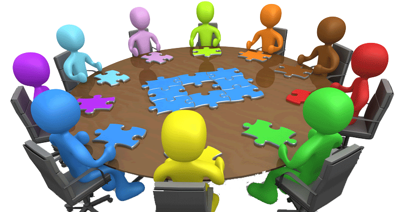reunión.gif dibujao de una reunión en mesa redonda que cada participante aporta su visión para montar un puzzle