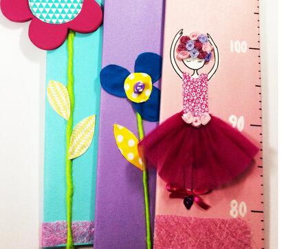 growth chart, gift, wood, canvas, kids, girl, boy, ballerina, flowers, cotton fabric, tulle, light blue, purple, pink, fuchsia