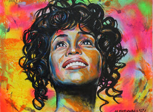 Ritratto di Whitney Houston dipinto da Massimo Paravani con cromatismo emozionale