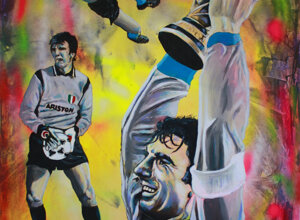 Dipinto di Dino Zoff firmato Massimo Paravani con cromatismo emozionale Roberto Baggio