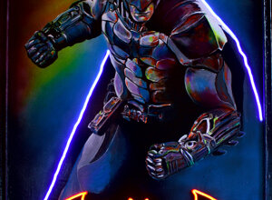 Ritratto di Batman con effetti neon a LED realizzato da Massimo Paravani con cromatismo emozionale