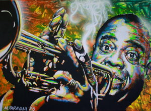 Ritratto artistico di Louis Armstrong dipinto da Massimo Paravani con cromatismo emozionale