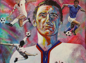 Ritratto di Gigi Riva dipinto da Massimo Paravani con cromatismo emozionale