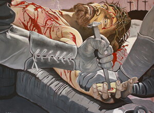 Interpretazione pittorica della Crocifissione realizzata da Massimo Paravani con stile cromatismo emozionale