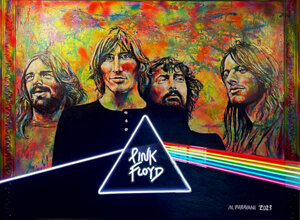 Opera artistica dedicata ai Pink Floyd con inserti neon LED firmata Massimo Paravani