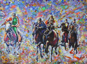 Scene of the Palio di Siena reinterpreted by Massimo Paravani with emotional chromaticism