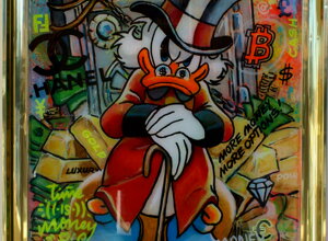 Dipinto di Zio Paperone reinterpretato in stile Pop Art da Massimo Paravani con cromatismo emozionale Dipinto di Zio Paperone reinterpretato in stile Pop Art da Massimo Paravani con cromatismo emozionale