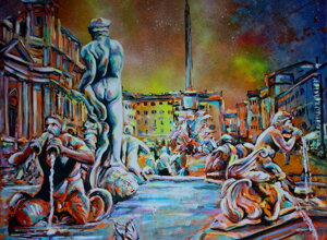 Dipinto della Fontana del Nettuno reinterpretata da Massimo Paravani con stile cromatismo emozionale Dipinto della Fontana del Nettuno reinterpretata da Massimo Paravani con stile cromatismo emozionale