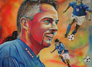 Ritratto di Roberto Baggio realizzato da Massimo Paravani con cromatismo emozionale