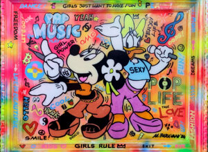 Dipinto di Minnie e Paperina firmato da Massimo Paravani con stile cromatismo emozionale Dipinto di Minnie e Paperina firmato da Massimo Paravani con stile cromatismo emozionale