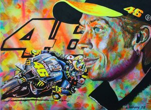 Ritratto di Valentino Rossi realizzato da Massimo Paravani con cromatismo emozionale