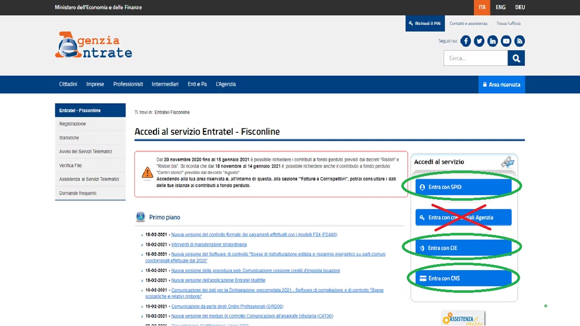 Accesso ai servizi online dell'Agenzia delle Entrate