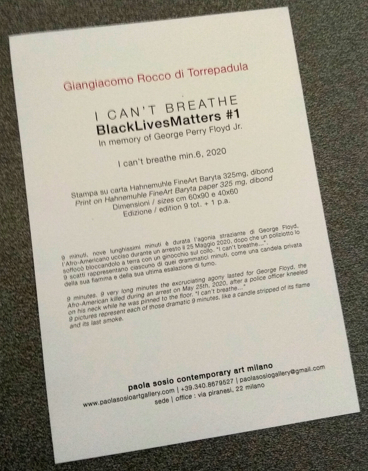 Giangiacomo Rocco di Torrepadula in memory of George Floyd at the MIA Fair in Milan