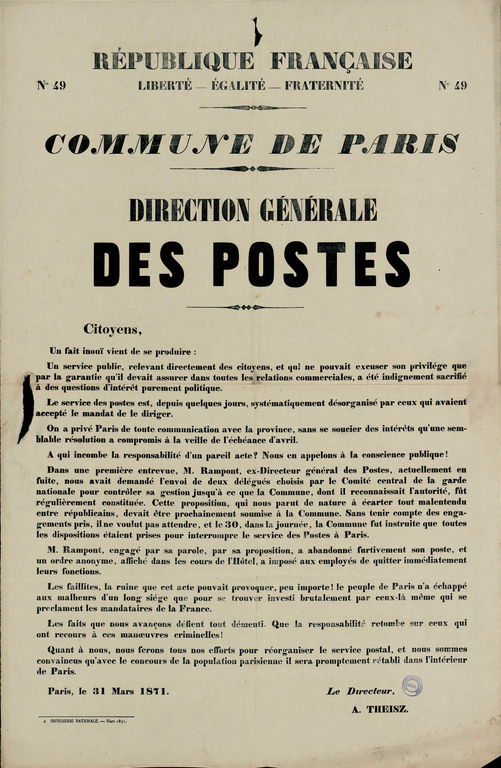 Commune de Paris. The problem of Post 