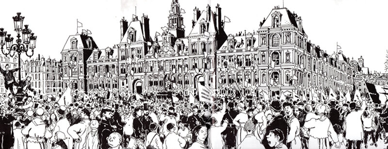 Una grande bandiera rossa sventola in cima all&rsquo;H&ocirc;tel-de-Ville.