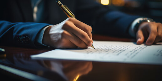 Notaio in giacca che approva un contratto, firmando un documento legale per un rogito immobiliare