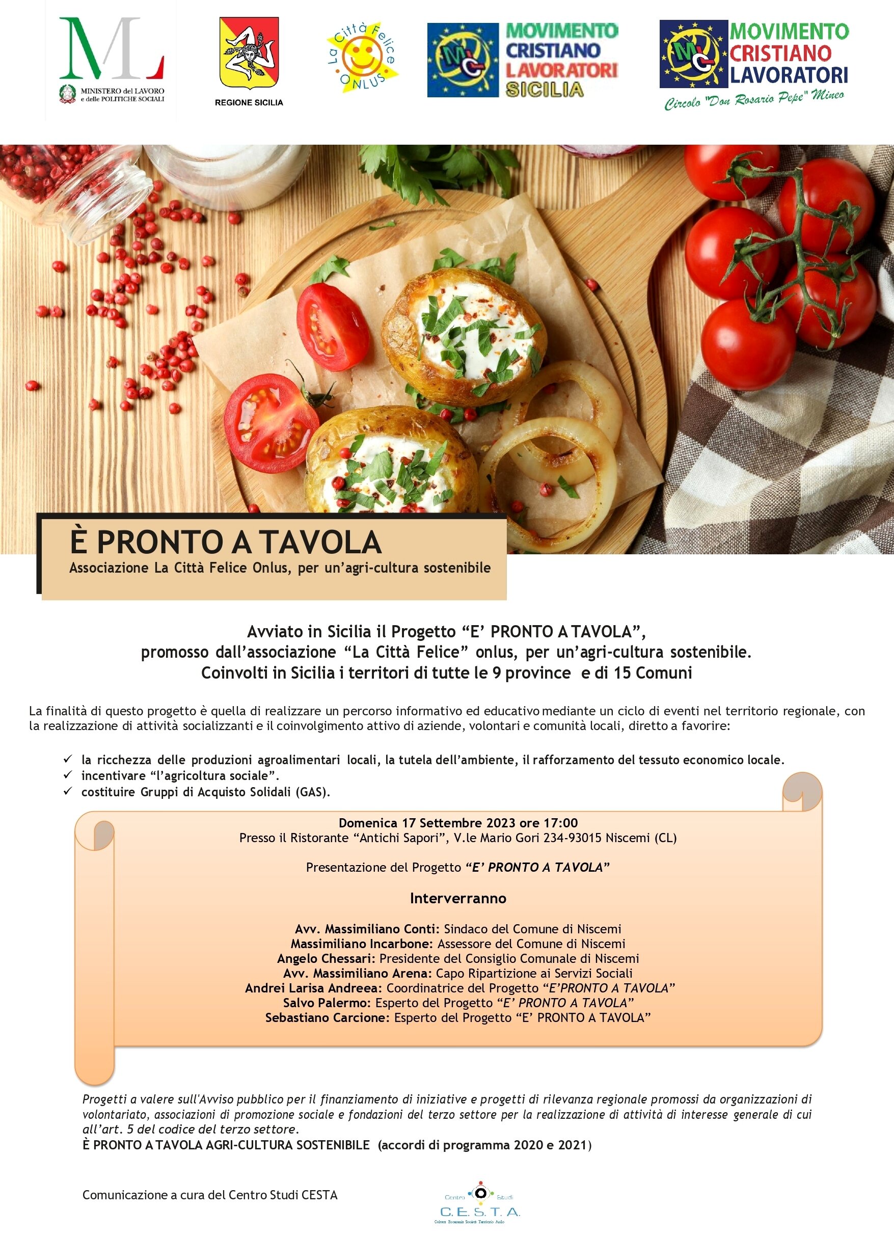 Progetto "E' Pronto a Tavola", presentazione a Niscemi il 17 settembre