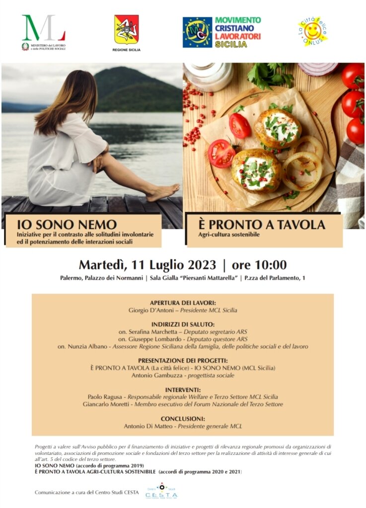 Progetti sociali: a Palermo presentazione "E' pronto a tavola" e "Io sono Nemo"