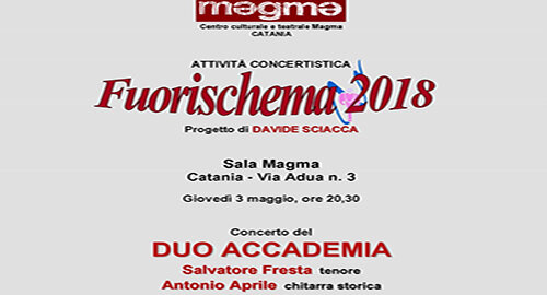 Il tenore Salvatore Fresta e il chitarrista Antonio Aprile il 3 Maggio alla Sala Magma di Catania per "Fuorischema 2018"