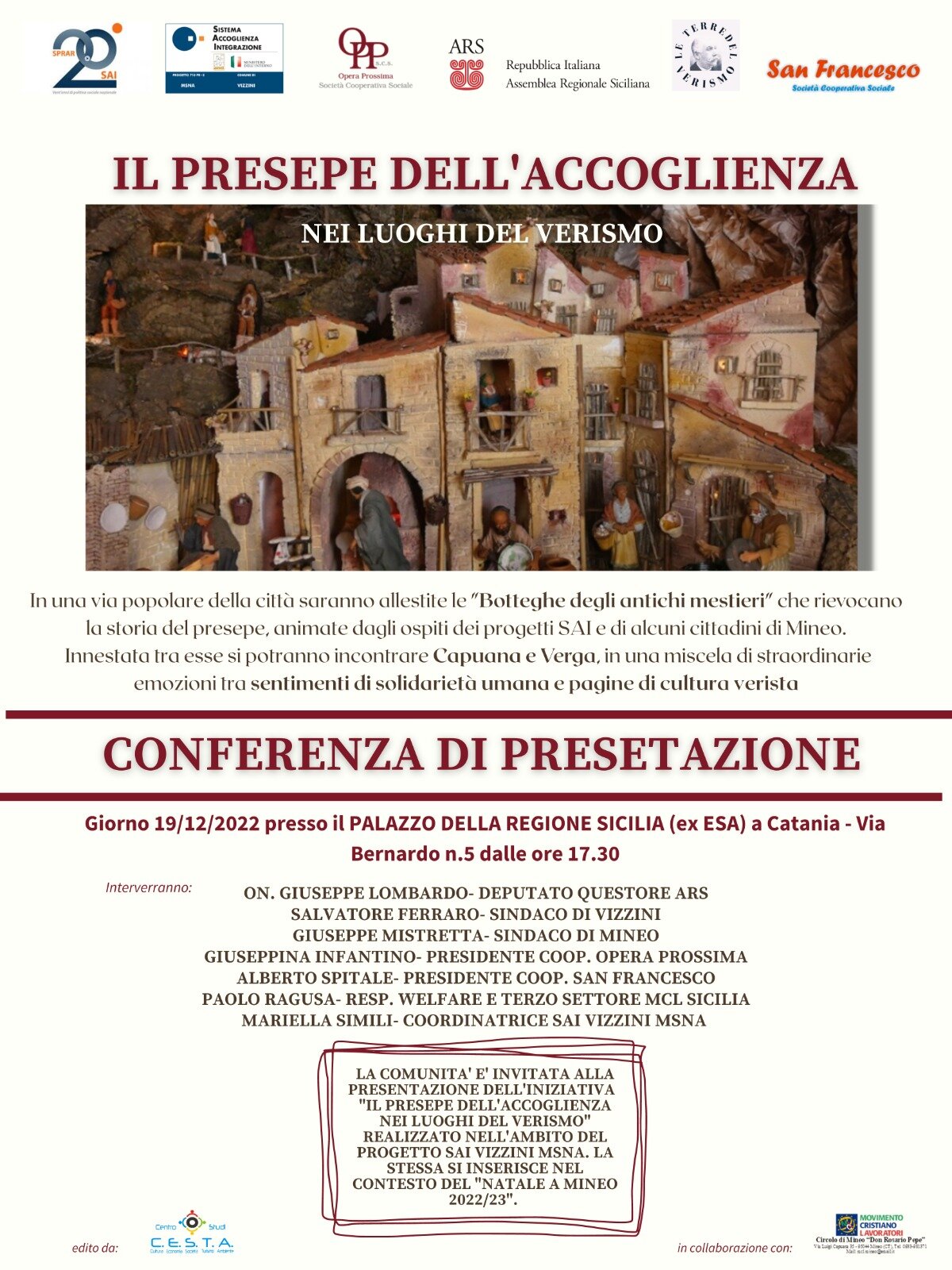 “Il Presepe dell’Accoglienza nei luoghi del Verismo” a Catania il 19 dicembre “Il Presepe dell’Accoglienza nei luoghi del Verismo” a Catania il 19 dicembre