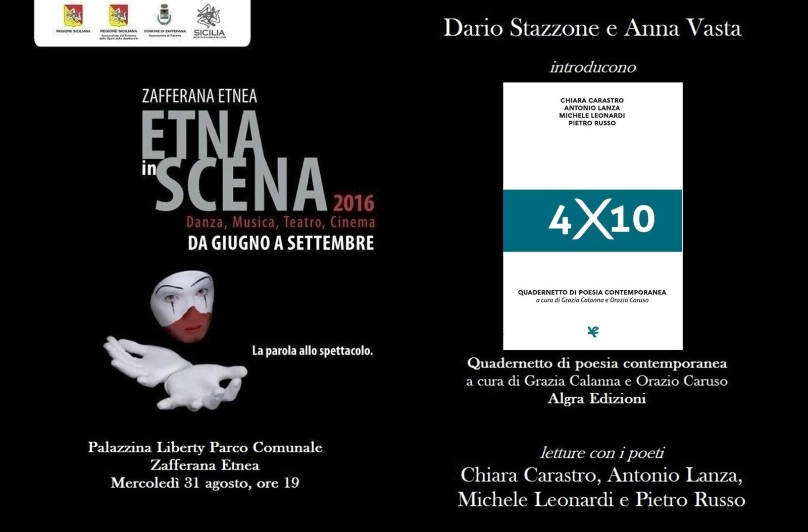 Reading poetico con gli autori di “4x10”, il 31 agosto a Zafferana Etnea Reading poetico con gli autori di “4x10”, il 31 agosto a Zafferana Etnea