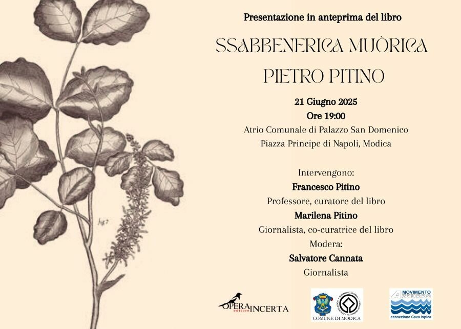 "Ssabbenerica Mu&ograve;rica" di Pietro Pitino il 21 giugno a Modica