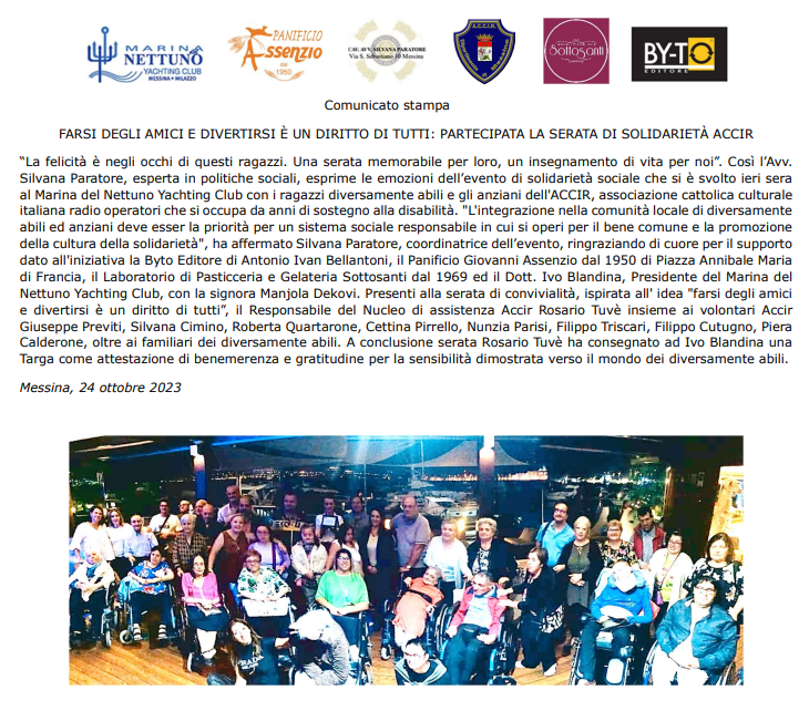 "Farsi degli amici e divertirsi &egrave; un diritto di tutti", a Messina partecipata serata di solidariet&agrave; ACCIR