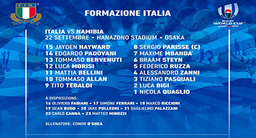 Rugby World Cup 2019, il 22 Settembre, a Osaka, in programma Italia-Namibia